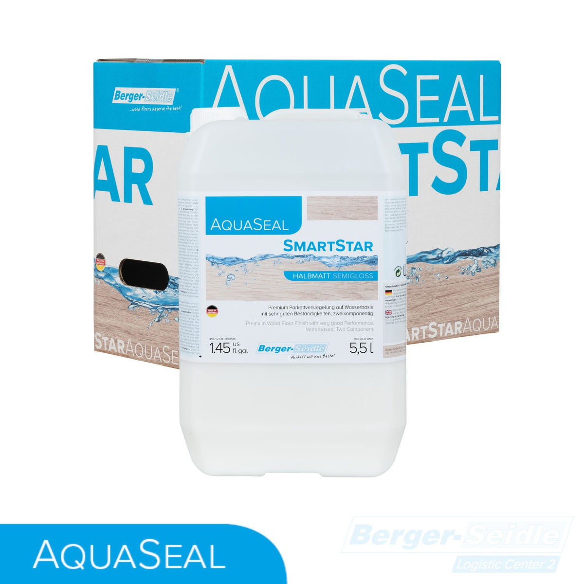 Ein 5,5-Liter-Behälter mit AquaSeal SmartStar halbglänzender Holzbodenbehandlung von Berger-Seidle wird vor seiner blau-weißen Verpackungsschachtel gezeigt. Auf dem Etikett des Behälters befinden sich Produktdetails und ein Strandbild.