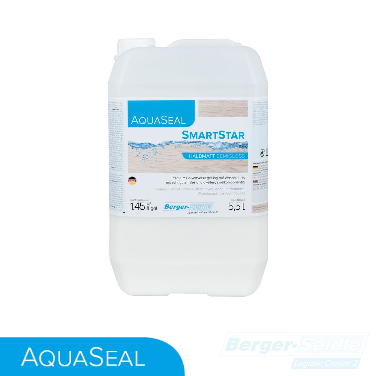 Ein weißer 5,5-Liter-Behälter mit AquaSeal SmartStar halbglänzender Holzbodenversiegelung mit blauer und grauer Beschriftung, Wasserspritzgrafik und Produktinformationen in deutscher Sprache. Das Berger-Seidle-Logo befindet sich unten rechts.