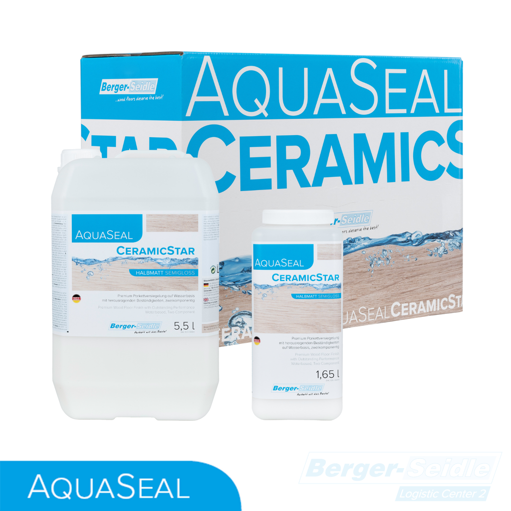 Drei AquaSeal CeramicStar-Behälter (5,5 l und 1,65 l) werden vor einer großen Markenproduktbox mit der Aufschrift "AquaSeal CERAMICS" und blauen und weißen Designelementen präsentiert.