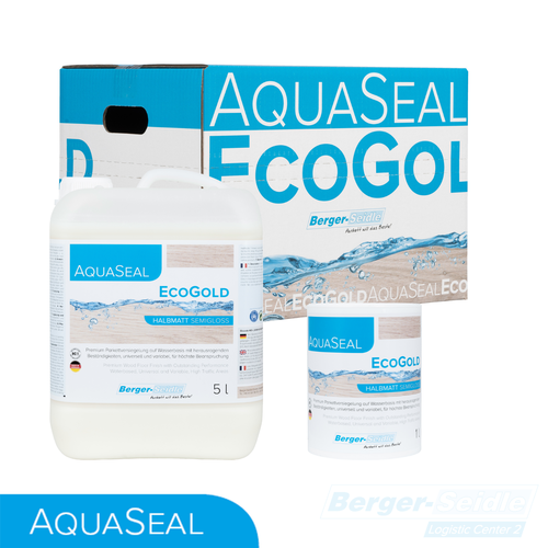 Drei AquaSeal EcoGold-Produkte: ein 5-Liter-Krug, ein kleinerer Behälter und ein Markenkarton. Alle sind für halbglänzende wasserbasierte Bodenbeschichtungen von Berger-Seidle gekennzeichnet, mit blauer und weißer Verpackung.