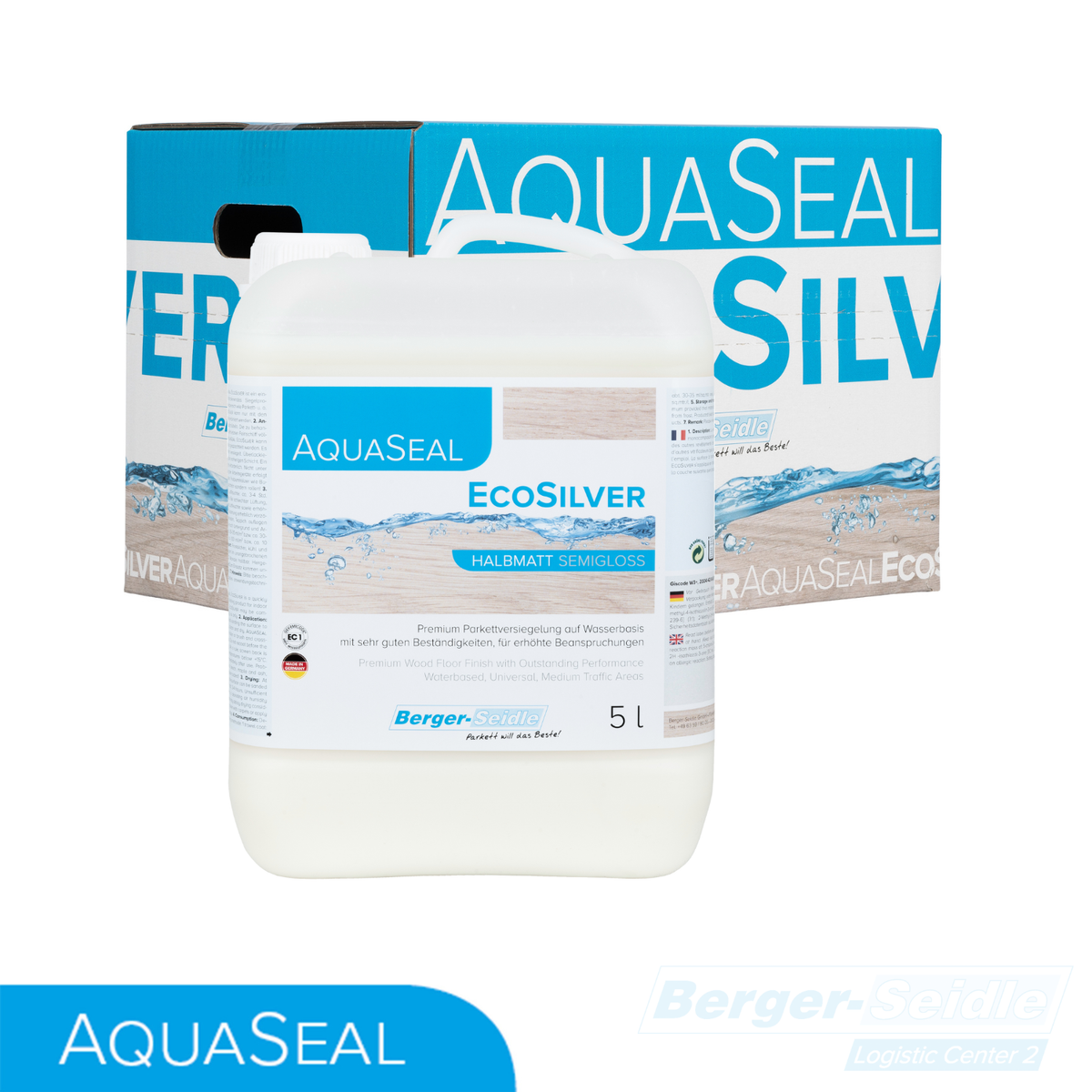 Ein weißer 5-Liter-Behälter mit AquaSeal EcoSilver-Fußbodenversiegelung steht vor einem blau-weißen AquaSeal-Markenkarton, auf dem Produktetiketten und Logos gut sichtbar sind.