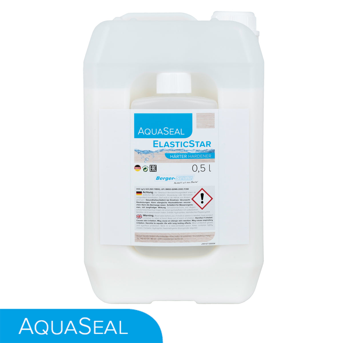 Abgebildet ist ein großer weißer Kunststoffbehälter mit der Aufschrift "Bodenversiegelung AquaSeal ElasticStar 2-K Siegel für PVC Boden, Design- oder Linoleumboden" Härter (0,5L) mit Sicherheitssymbolen und dem AquaSeal-Logo unten links.