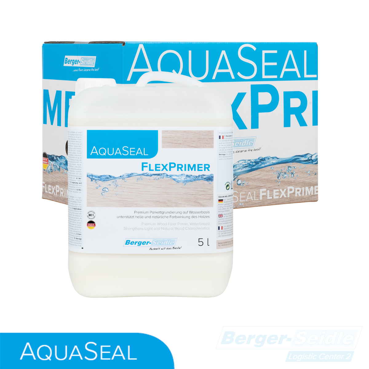Ein 5-Liter-Behälter AquaSeal FlexPrimer von Berger-Seidle wird vor seinem Verpackungskarton gezeigt. Auf den Etiketten sind der Produktname, die Beschreibung und das Branding in den Farben Blau und Weiß angegeben.