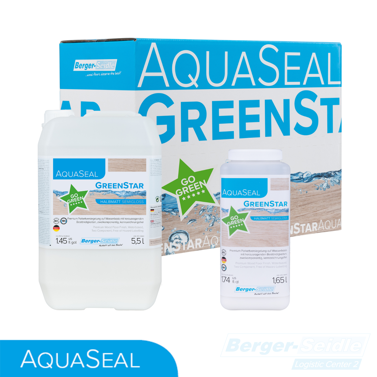 AQUASEAL GreenStar-Produkte: ein großer Karton, ein 5,5-Liter-Behälter und eine 1,65-Liter-Flasche mit blauen und grünen Etiketten, die zusammen auf einem weißen Hintergrund abgebildet sind. Auf den Etiketten ist "Go Green" hervorgehoben.