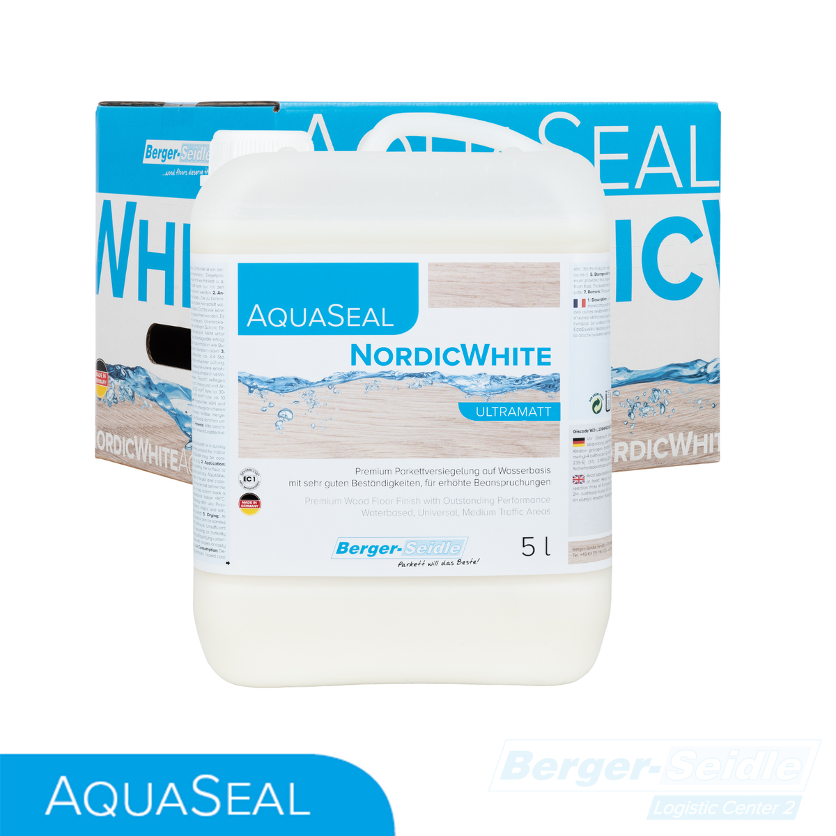 Ein 5-Liter-Behälter der AquaSeal NordicWhite Ultramatt Holzbodenversiegelung von Berger-Seidle vor der Produktverpackung mit blauer und weißer Beschriftung mit Wasser- und Holzmaserungsgrafiken.