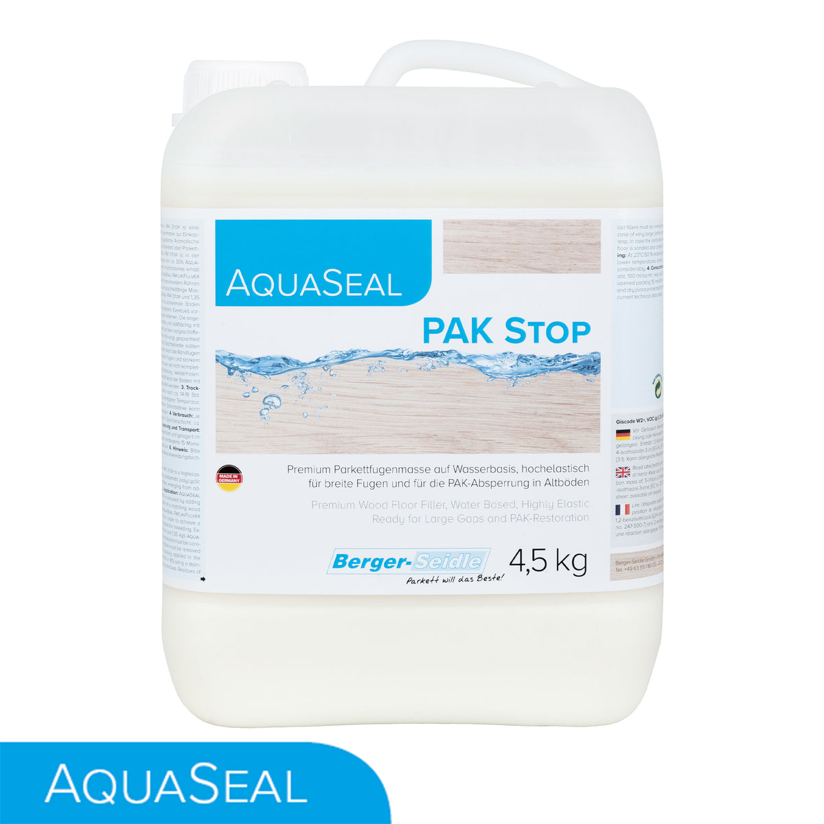 Ein 5-Liter-Behälter mit SolvSeal Universal-Verdünnung zum Verdünnen und Reinigen von Werkzeugen, mit einer weißen Flüssigkeit, einem blauen Etikett mit Holzstruktur und einem Griff zum einfachen Tragen.