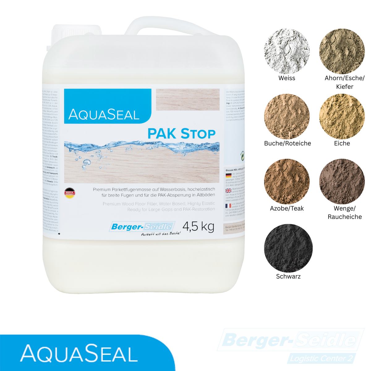 Ein 4,5-kg-Gebinde AquaSeal PAK Stop-Holzbodenschutz ist neben Farbmustern mit den Bezeichnungen Weiss, Ahorn/Esche/Kiefer, Buche/Rotbuche, Eiche, Azobe/Teak, Wenge/Raucheiche und Schwarz abgebildet.