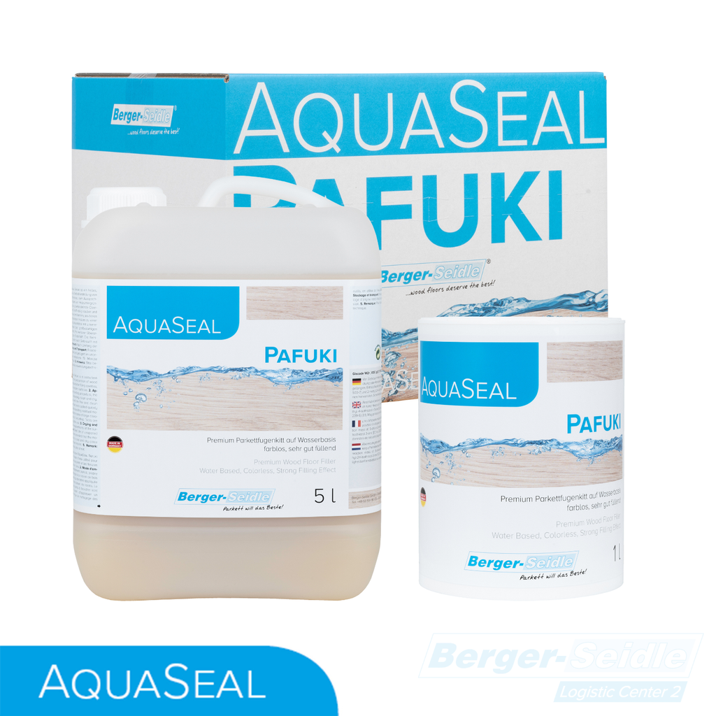 Abgebildet sind drei Gebinde von Berger-Seidle AquaSeal Pafuki Holzspachtel: ein 5-Liter-Kanister, ein 1-Liter-Eimer und ein Markenproduktkarton, alle mit blauen und weißen Etiketten mit Wassermotiven versehen.