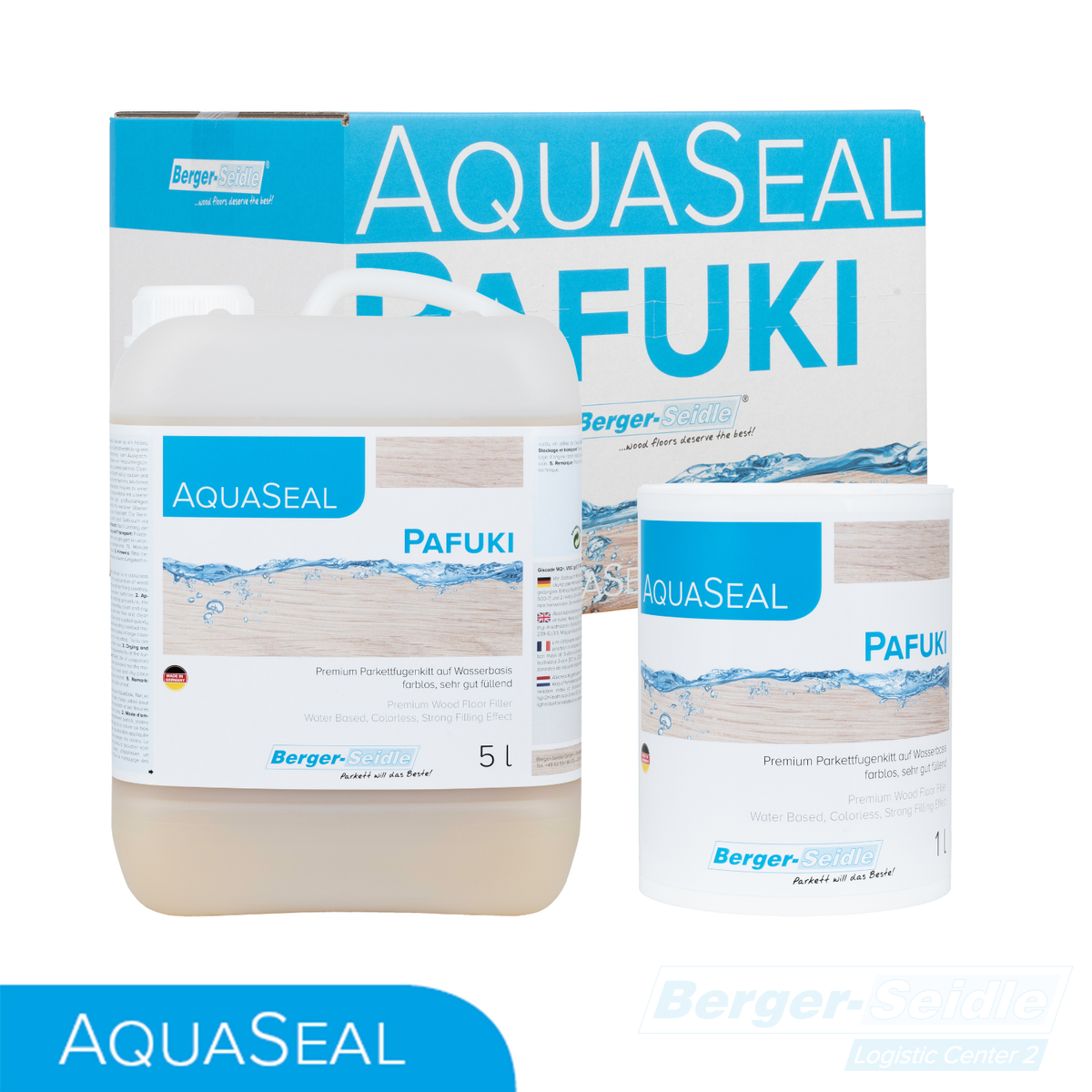 Abgebildet sind drei Gebinde von Berger-Seidle AquaSeal Pafuki Holzspachtel: ein 5-Liter-Kanister, ein 1-Liter-Eimer und ein Markenproduktkarton, alle mit blauen und weißen Etiketten mit Wassermotiven versehen.