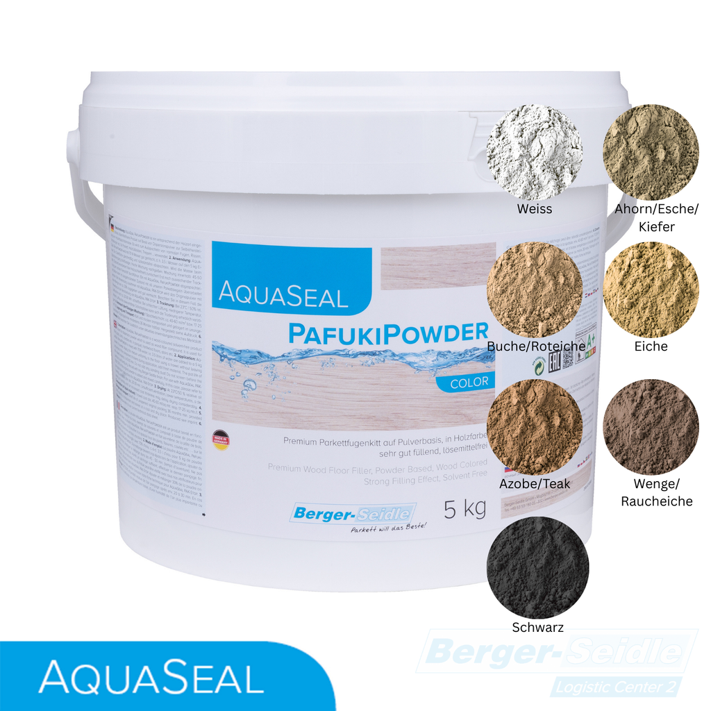 Eine 5 kg Wanne Parkett Fugenkitt AquaSeal PafukiPulver farbig ist mit Holzspachtel-Farbmustern abgebildet: Weiss, Ahorn/Esche/Kiefer, Eiche, Buche/Rotbuche, Azobe/Teak, Wenge/Raucheiche, und Schwarz.