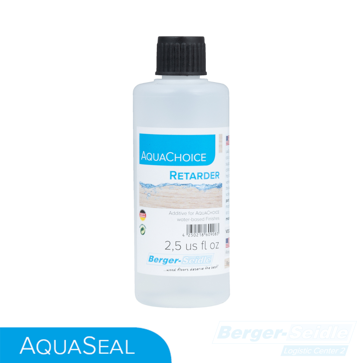 Eine durchsichtige Plastikflasche mit der Aufschrift "AQUACHOICE RETARDER" von Berger-Seidle, die 2,5 US-Flüssigunzen eines Additivs für Lacke auf Wasserbasis enthält, mit einer schwarzen Kappe und blau-weißem Branding.