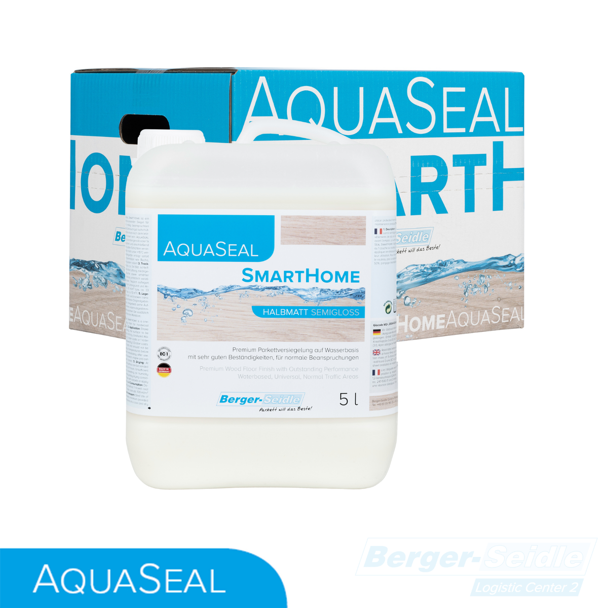 Ein 5-Liter-Gebinde AquaSeal SmartHome Halbmatte Semigloss Holzlack von Berger-Seidle wird vor seiner blau-weißen Verpackungsschachtel ausgestellt, wobei das Branding und die Produktangaben auf den Etiketten sichtbar sind.