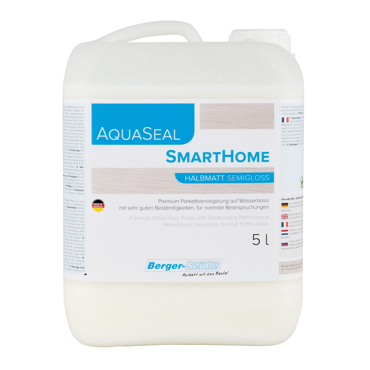 Ein 5-Liter-Kunststoffbehälter mit Parkett Versiegelung AquaSeal SmartHome 1K-Parkettlack wasserbasiert von Berger-Seidle, mit einem weiß-blauen Etikett mit Produktangaben und einem Griff an der Oberseite.
