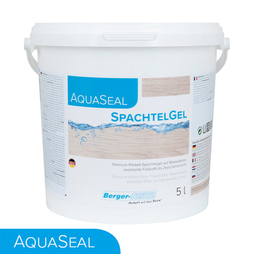 Ein weißer 5-Liter-Eimer AquaSeal SpachtelGel von Berger-Seidle mit einem blau-weißen Etikett mit Produktangaben und Symbolen auf einem schlichten weißen Hintergrund.