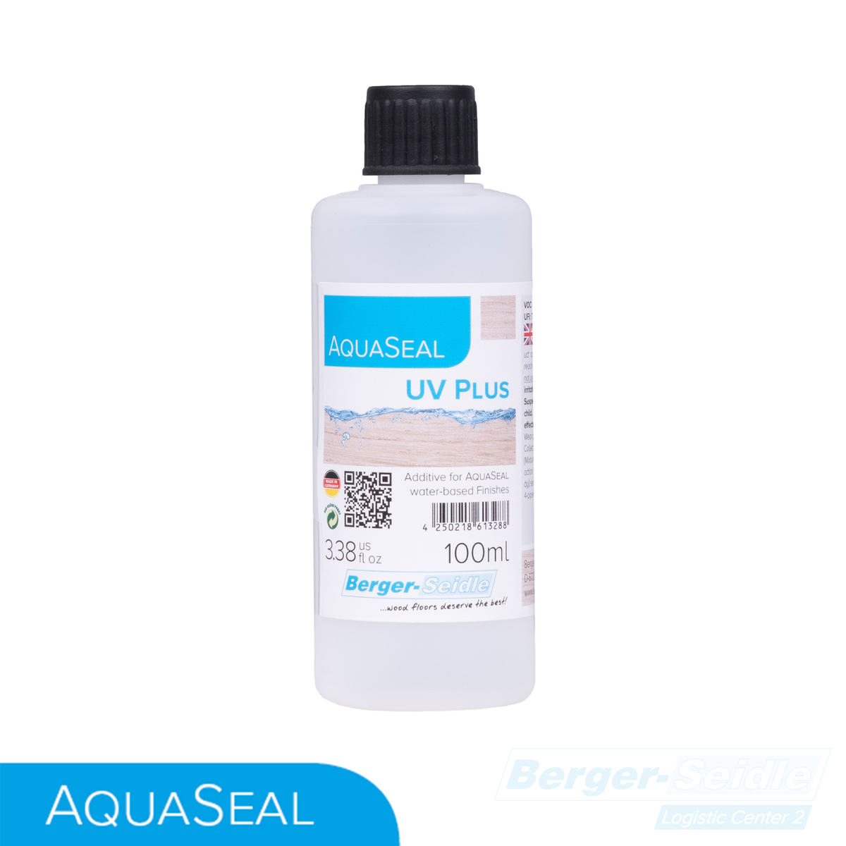 Eine 100ml Flasche AQUASEAL UV Plus von Berger-Seidle. Die weiße Flasche hat ein blau-weißes Etikett, einen schwarzen Schraubverschluss und den Hinweis, dass es sich um ein Additiv für wasserbasierte Lacke handelt.