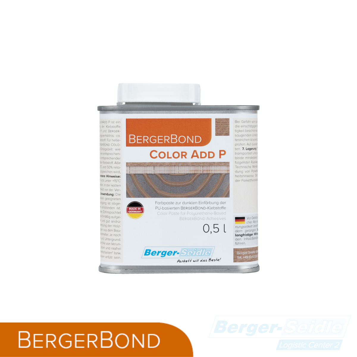 Eine 0,5-Liter-Dose BergerBond Color Add P von Berger-Seidle mit einem orange-weißen Etikett mit Produktinformationen und einer Teilansicht eines Holzfußbodens im Hintergrund.