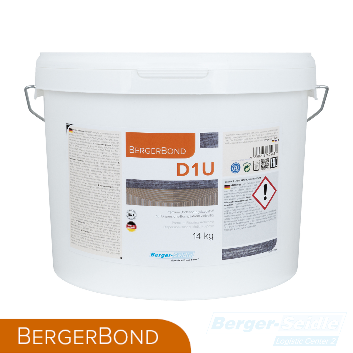 Ein weißer 14-kg-Kunststoffeimer mit BergerBond D1U-Klebstoff mit einem Henkel, mit Produktetiketten in deutscher Sprache und orangefarbenem Branding. Die Logos von BergerBond und Berger-Seidle erscheinen am unteren Rand des Bildes.