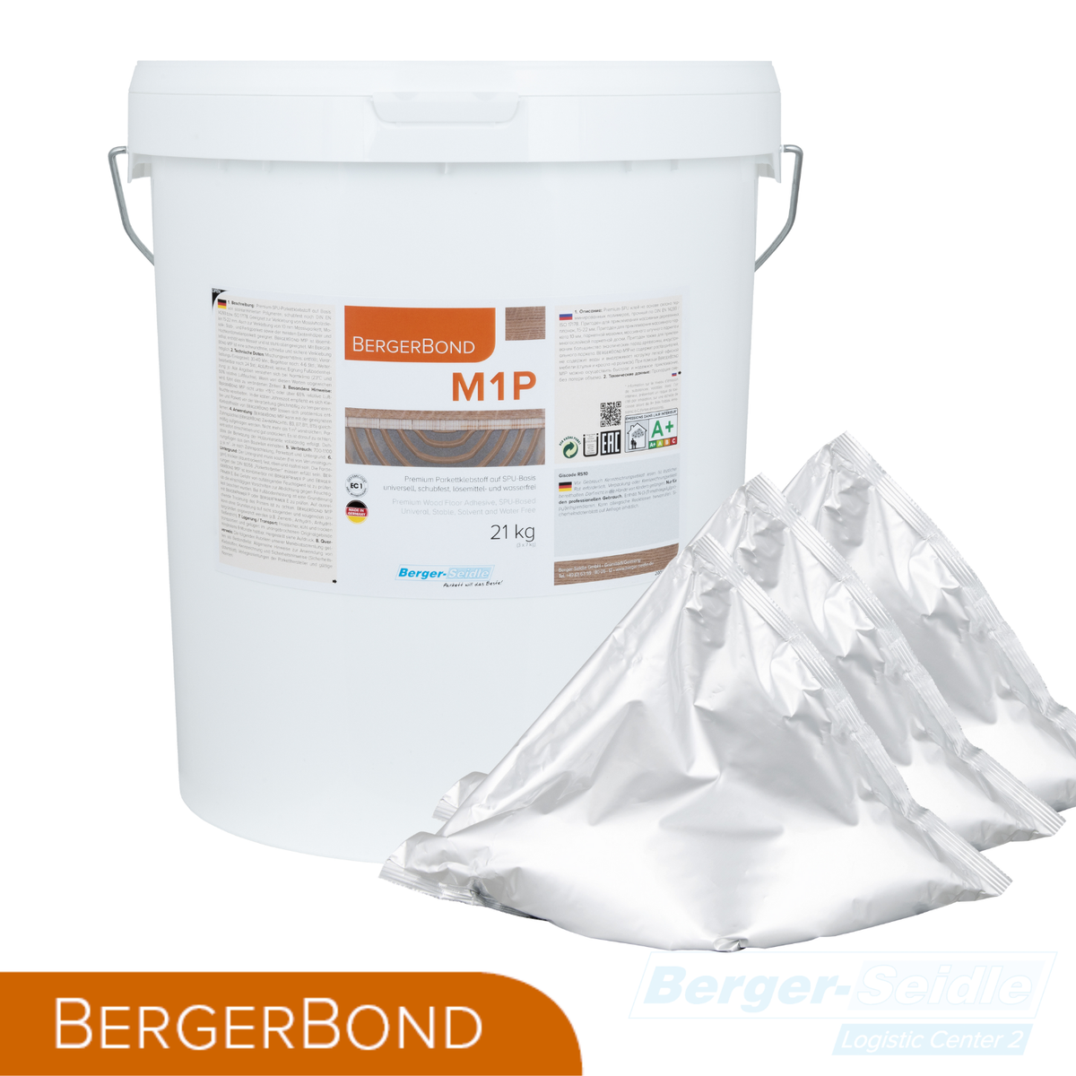 Ein großer weißer Eimer mit der Aufschrift "BergerBond M1P" mit drei silbernen Folienpaketen daneben, vor weißem Hintergrund. In den unteren Ecken sind die Logos "BERGERBOND" und "Berger-Seidle" zu sehen.