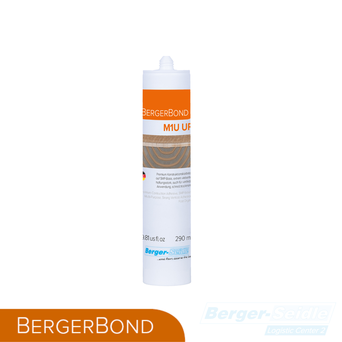 Eine Tube BERGERBOND M1U UF-Kleber mit orange-weißem Etikett, aufrecht stehend auf weißem Hintergrund. Das Berger-Seidle-Logo ist am unteren Rand der Tube und in der Bildecke zu sehen.