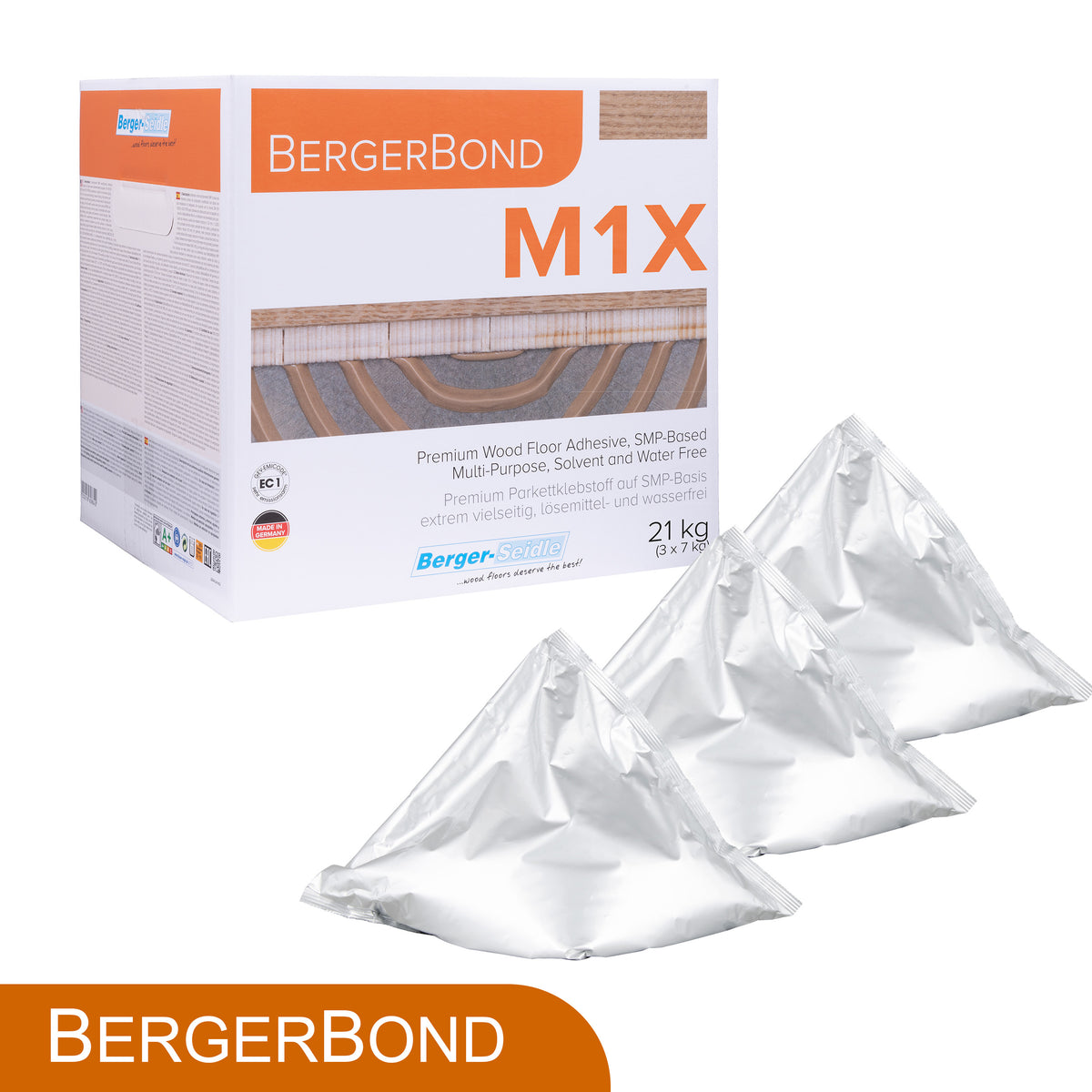 Ein Karton mit der Aufschrift "BergerBond M1X, wasser- und lösungsmittelfreier, elastischer 1K-Klebstoff| 21 kg" ist mit drei silbernen Dreiecksbeuteln auf der Vorderseite abgebildet. Die weiße Schachtel ist mit orangefarbenem und blauem Text sowie einem Bild eines Holzfußbodens versehen.