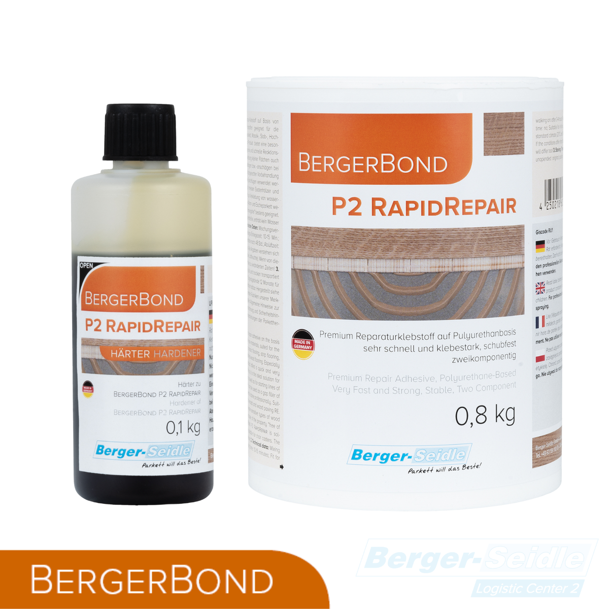 Zwei Behälter mit BergerBond P2 RapidRepair, einem Bodenreparaturklebstoff. Die linke Flasche trägt die Aufschrift "Härter 0,1 kg", die rechte Wanne die Aufschrift "0,8 kg". Beide haben orange, weiße und blaue Etiketten.