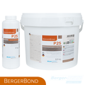 Zwei Behälter mit BergerBond P2S-Klebstoff: eine große weiße Wanne mit der Aufschrift 8,9 kg und eine kleinere weiße Flasche mit der Aufschrift 1,1 kg, beide mit orangefarbenen und grauen Etiketten, die auf einem weißen Hintergrund dargestellt sind.