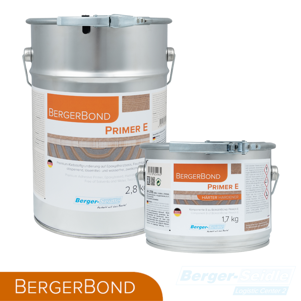 Zwei Metalldosen BERGERBOND Primer E, eine große und eine kleine, mit orangefarbenen und weißen Etiketten, auf denen Produktangaben und ein Teilbild eines Holzfußbodens abgebildet sind. Auf beiden Dosen ist das Berger-Seidle-Logo abgebildet.