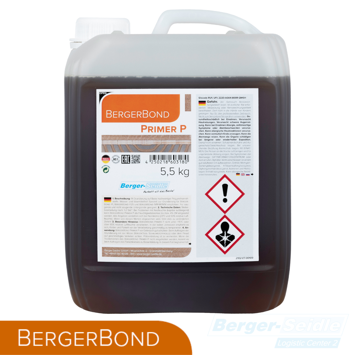 Ein 5,5-kg-Kunststoffbehälter mit BergerBond Primer P mit Warnsymbolen und Produktangaben auf dem Etikett. Der Behälter enthält eine dunkle Flüssigkeit und ist mit den Logos von Berger-Seidle und BergerBond versehen.