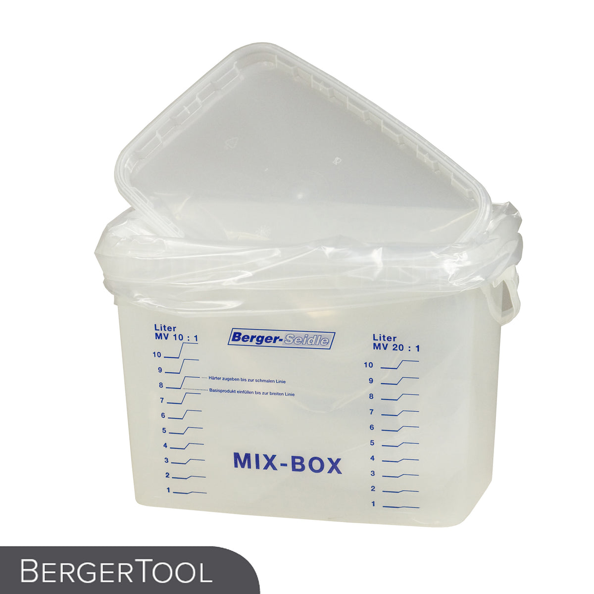 Ein transparenter BergerTool PadHolder zum Polieren und Reinigen mit Handpads, mit Messmarkierungen, einem offenen Klappdeckel mit Kunststoffeinlage und dem BERGERTOOL-Logo in der Ecke.