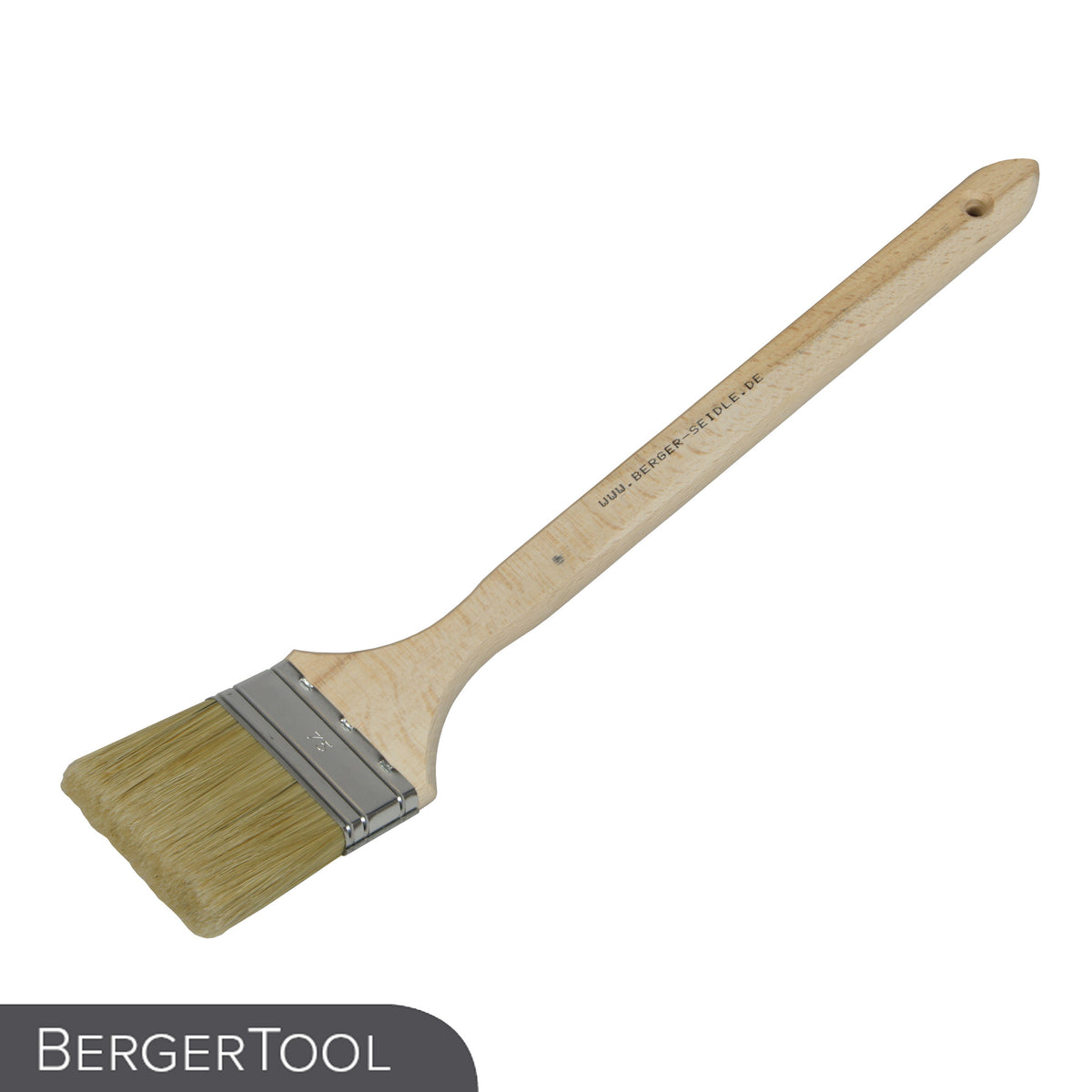 Ein BergerTool PadHolder zum Polieren und Reinigen mit Handpads, mit leichten Borsten, einer Metallzwinge und einem langen Holzgriff. Das "BERGERTOOL"-Logo ist in der unteren linken Ecke auf grauem Hintergrund zu sehen.