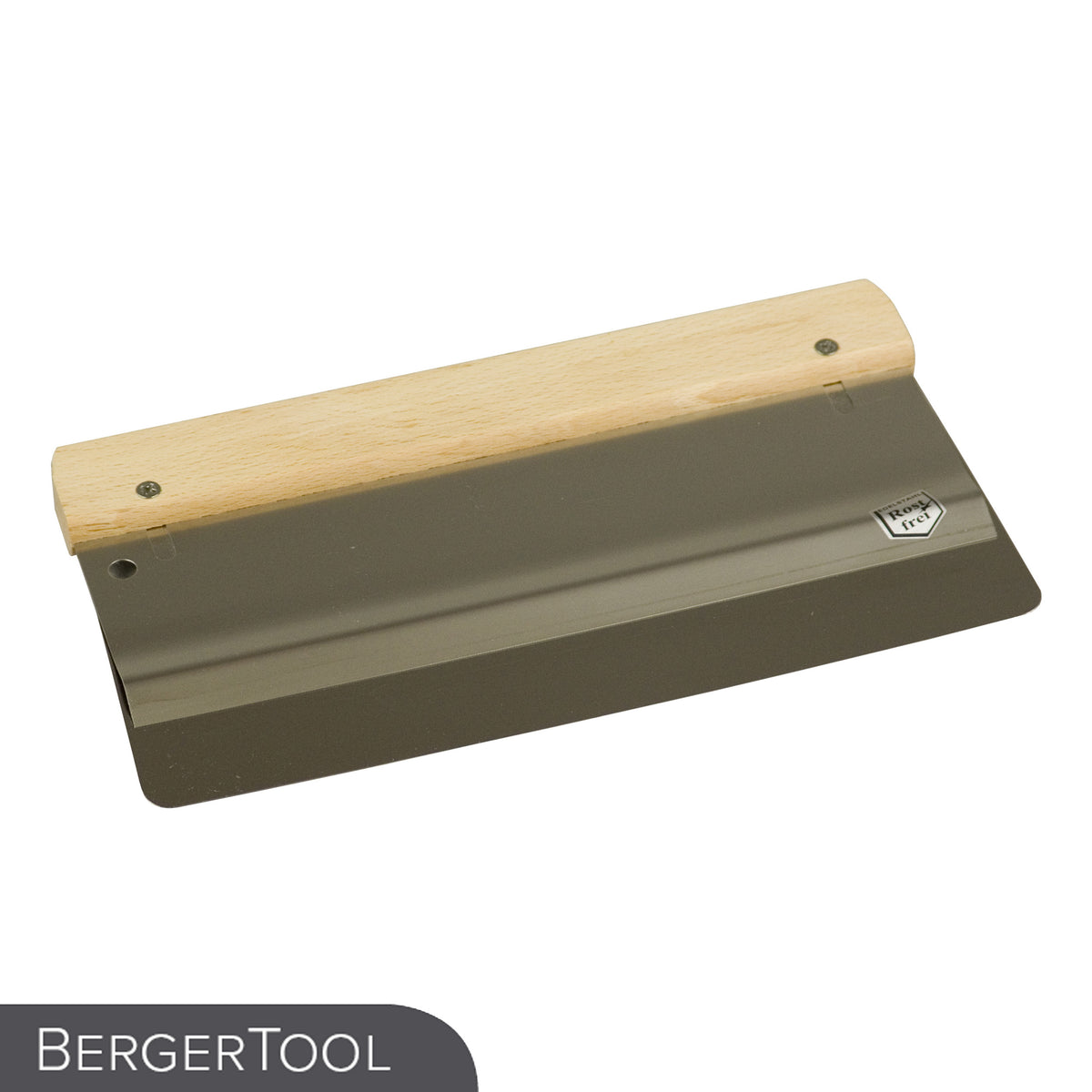 Der BergerTool PadHolder zum Polieren und Reinigen mit Handpads ist auf weißem Hintergrund abgebildet und verfügt über eine breite, flache Klinge und einen Holzgriff. Der Markenname "BergerTool" erscheint in der unteren linken Ecke.