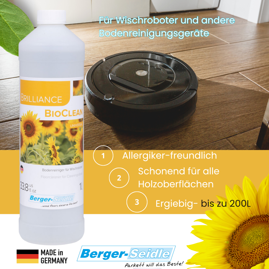 Eine Flasche Brilliance BioClean | Wischroboter-Reinigung Konzentrat 1L steht neben einem schwarzen Bodenreinigungsroboter auf einem Holzfußboden. Textnotizen: allergikerfreundlich, holzschonend, reicht für bis zu 200 l.