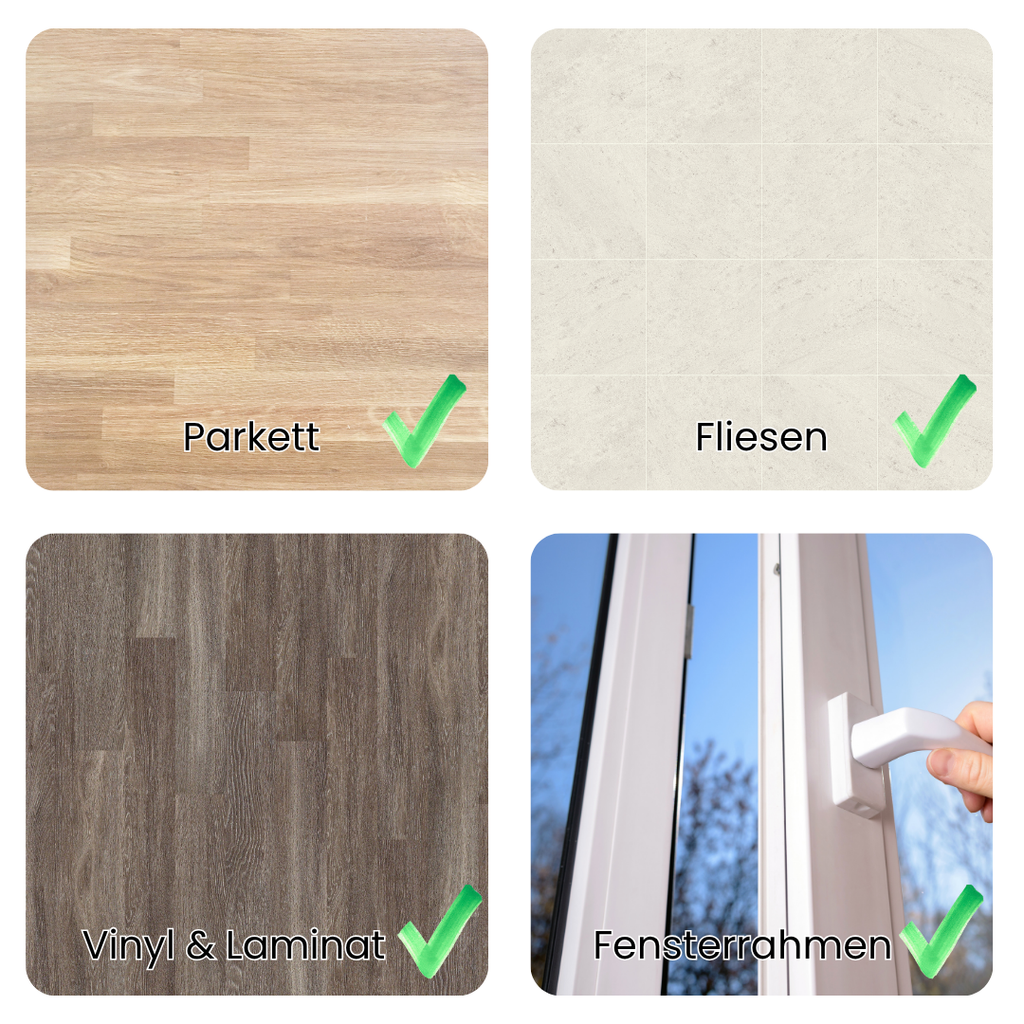 Vier beschriftete Tafeln: helles Holz (Parkett), helle Fliesen (Fliesen), dunkles Holz (Vinyl & Laminat) und eine Hand, die ein Fenster öffnet (Fensterrahmen). Jede hat ein grünes Häkchen - Brilliance BioClean Konzentrat reinigt alle Flächen.