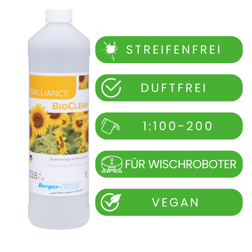 Eine 1-Liter-Flasche Brilliance BioClean Wischroboter-Reinigung Konzentrat ist neben grünen Symbolen abgebildet, die seine Eigenschaften anzeigen: streifenfrei, parfümfrei, 1:100-200 verdünnbar, vegan und perfekt für Reinigungsroboter.