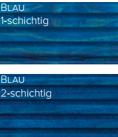 Zwei blaue Muster, "BLAU 1-schichtig" und "BLAU 2-schichtig", zeigen, wie Terrassenöl Classic Outdoor Oil farblos/Color für Holz im Außenbereich die Farbintensität mit mehreren Schichten vertieft.