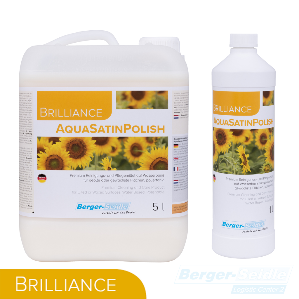 Zwei weiße Flaschen "Brilliance AquasatinPolish" von Berger-Seidle, eine 5L und eine 1L, mit gelben Sonnenblumenetiketten und orangefarbenen Akzenten, nebeneinander auf weißem Hintergrund abgebildet.