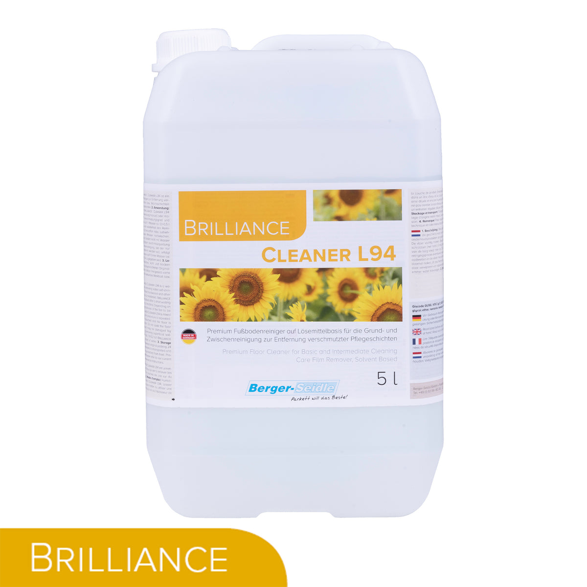 Ein 5-Liter-Kunststoffbehälter von Brilliance Cleaner L94 von Berger-Seidle, mit einem Etikett mit Sonnenblumen und Text in mehreren Sprachen. Der Behälter hat einen weißen Deckel und einen gelben Akzent mit "BRILLIANCE" am Boden.
