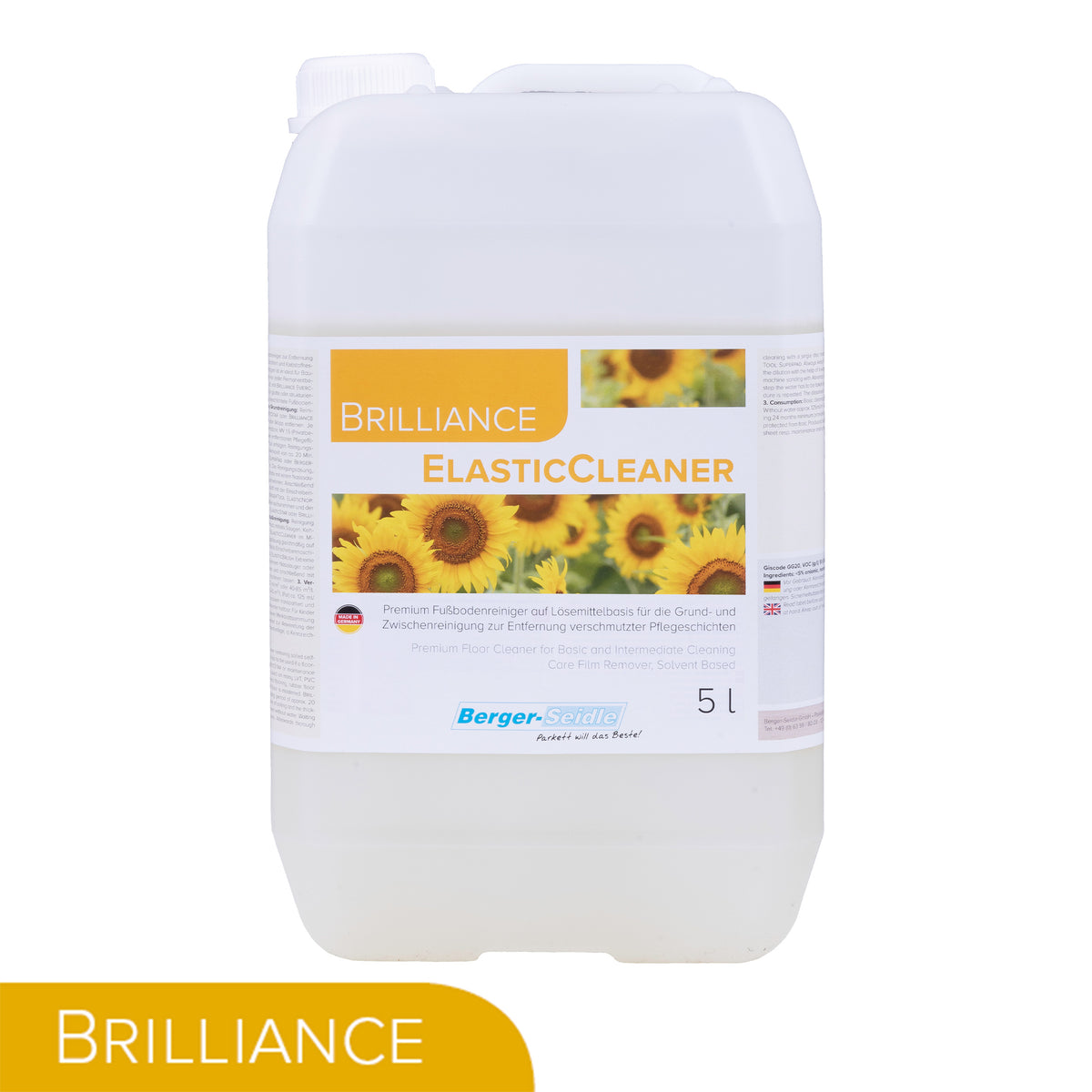 Ein 5-Liter-Behälter von Brilliance ElasticCleaner von Berger-Seidle mit einem Sonnenblumenmotiv auf dem Etikett, weißem Deckel und gelbem Branding. Das Wort "Brilliance" erscheint in einem gelben Kasten in der unteren linken Ecke.