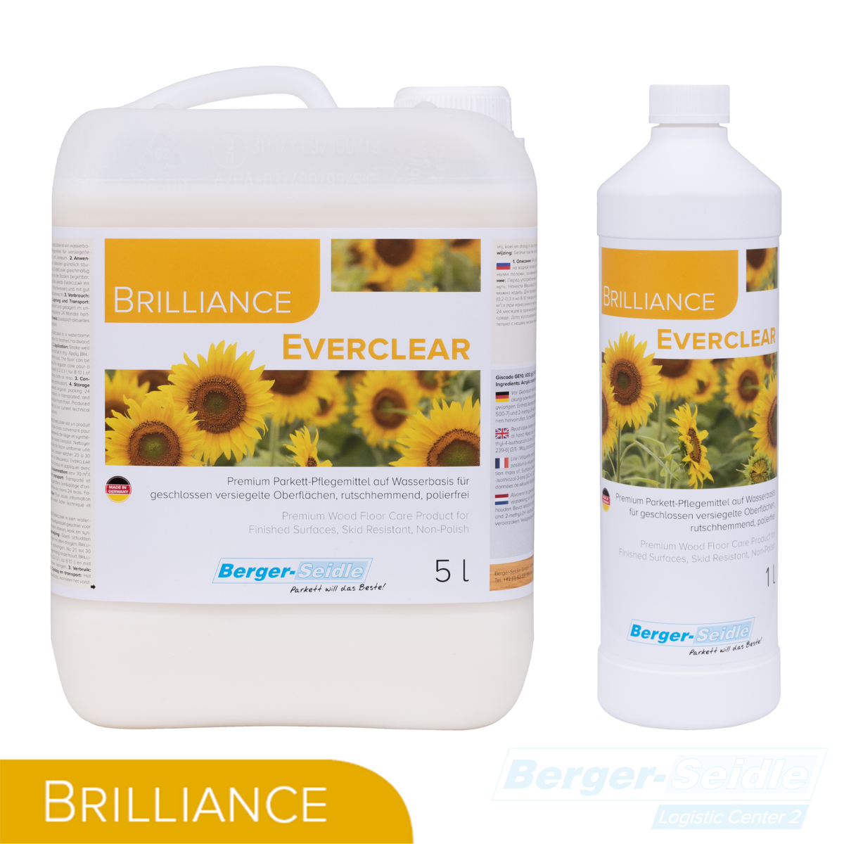 Abgebildet sind zwei Gebinde des Holzbodenpflegemittels Brilliance Everclear: ein 5-Liter-Krug und eine 1-Liter-Flasche, beide mit Sonnenblumenmotiven auf dem Etikett und mit der Marke Berger-Seidle.