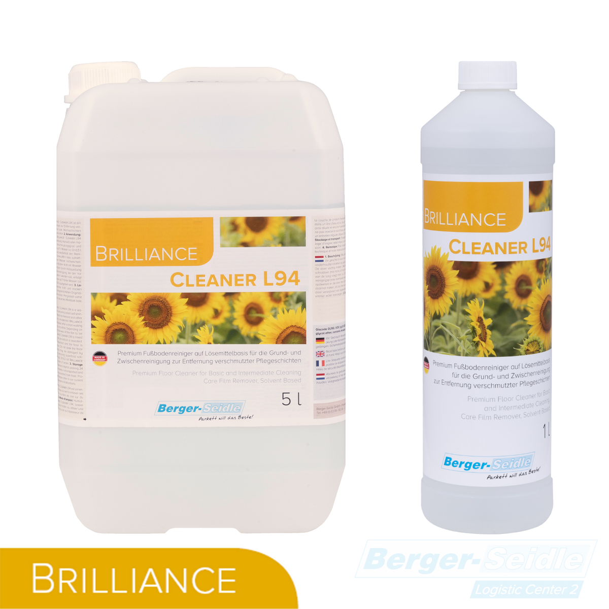 Zwei Behälter von Brilliance Cleaner L94 mit Sonnenblumenmotiven auf den Etiketten. Der linke ist ein 5-Liter-Krug, der rechte eine 1-Liter-Flasche. Beide tragen die Marke Berger-Seidle und Produktinformationen.