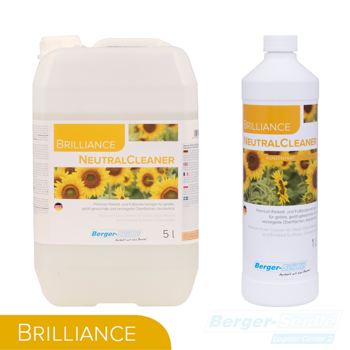 Zwei Behälter von Brilliance Neutralreiniger sind abgebildet: ein 5-Liter-Krug und eine 1-Liter-Flasche. Beide haben gelbe Etiketten mit Sonnenblumen und Produktinformationen sowie das Berger-Seidle-Logo am unteren Rand.