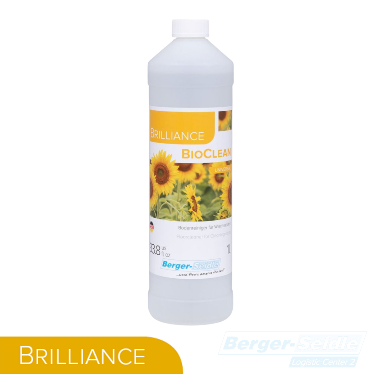 Eine 1-Liter-Flasche des Brilliance BIOCLEAN Reinigers mit einem Etikett mit Sonnenblumen. Die Flasche ist weiß mit orangen und gelben Akzenten und dem Berger-Seidle-Logo am Boden.