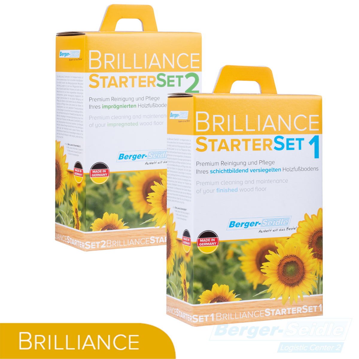 Zwei gelbe Dosen mit der Aufschrift "Brilliance Starter Set 1" und "Brilliance Starter Set 2" mit Sonnenblumenmotiven, die für die hochwertige Reinigung und Pflege von Holzböden verwendet werden, von Berger-Seidle.