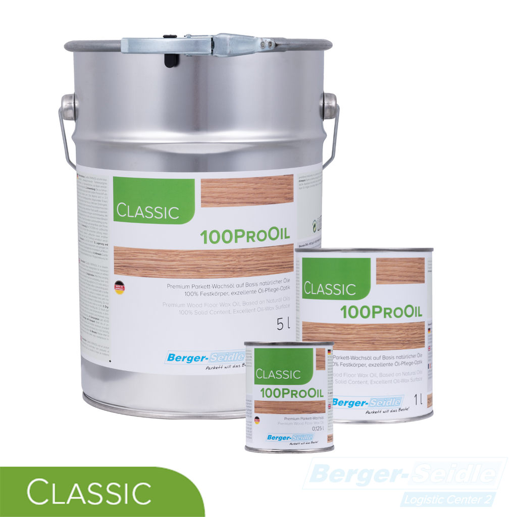 Drei Gebinde Berger-Seidle 100ProOil Holzfinish in verschiedenen Größen (5L, 1L, 0,25L) mit grünen und weißen Etiketten, angeordnet auf weißem Hintergrund. Das Wort "CLASSIC" erscheint unten links.