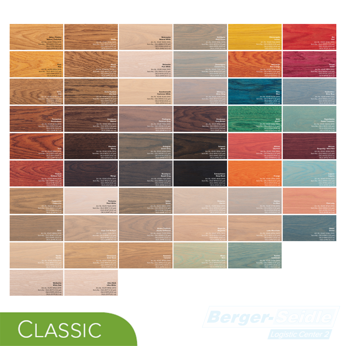 Eine Farbkarte mit 40 verschiedenen Holzbeizen, die von natürlichen hellen und dunklen Brauntönen bis hin zu leuchtenden Farben wie Gelb, Rot, Blau und Grün reichen. Die Logos "CLASSIC" und "Berger-Seidle" erscheinen am unteren Rand.