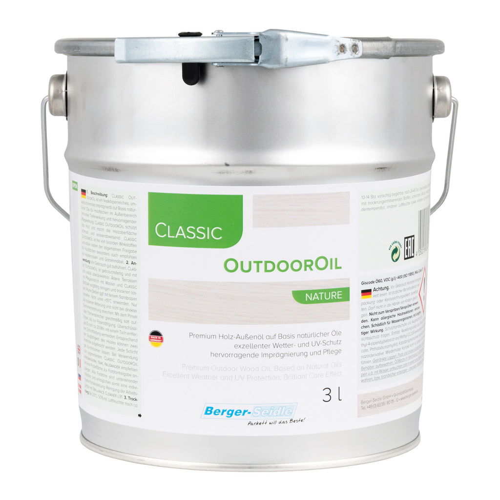 Eine versiegelte 3-Liter-Metalldose mit der Aufschrift "Terrassenöl Classic Outdoor Oil farblos/Color für Holzflächen im Außenbereich" von Berger-Seidle, mit deutsch/englischem Text, Produktdetails und einem stabilen Metallgriff.