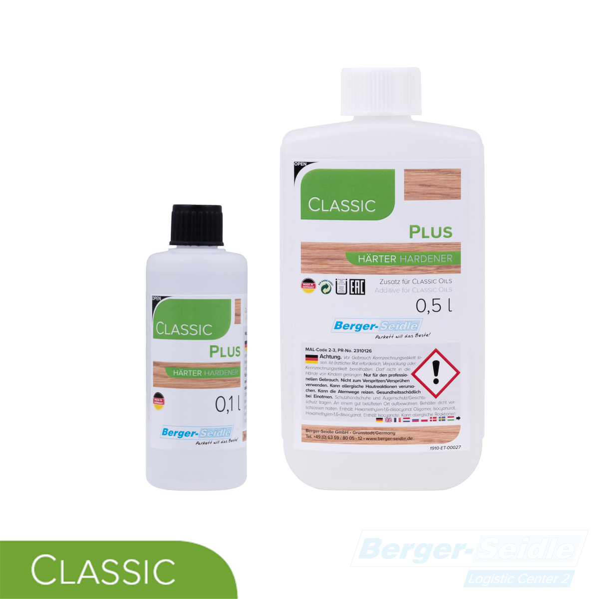 Zwei Flaschen Berger-Seidle Classic Plus Härter, eine 0,1 l und eine 0,5 l, mit weißen Etiketten und grünen Akzenten. Das Etikett "CLASSIC" und das Gefahrensymbol sind sichtbar.