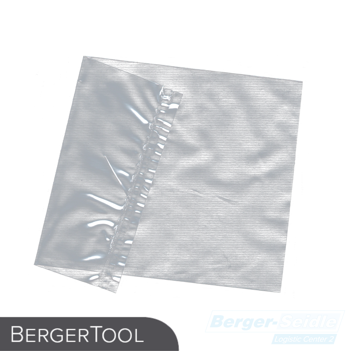 Auf weißem Hintergrund ist eine transparente, quadratische Plastiktüte mit einer strukturierten Oberfläche und einem gesiegelten, gewellten Rand abgebildet. In den Ecken erscheinen die Worte "BERGERTOOL" und "Berger-Seidle Logistic Center".