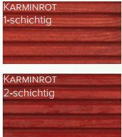 Bei zwei Holzmustern mit der Aufschrift "KARMINROT" wurde Terrassenöl Classic Outdoor Oil für Holz im Außenbereich verwendet; der obere Anstrich (helleres Rot) und der untere Anstrich (tieferes, kräftigeres Rot).