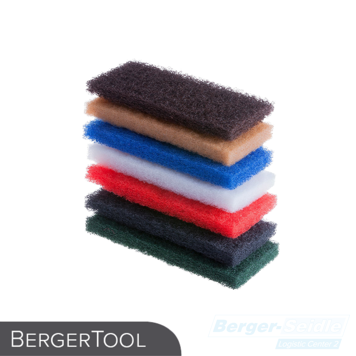 Ein Stapel von sechs rechteckigen Schleifpads in den Farben braun, blau, weiß, rot, grün und schwarz, die vertikal auf einem weißen Hintergrund angeordnet sind. In der unteren linken Ecke ist "BERGERTOOL" beschriftet.
